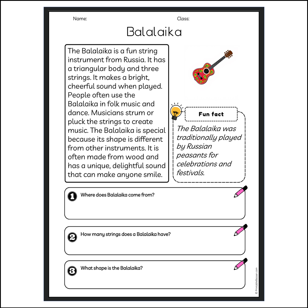 Balalaika | Reading Passage Comprehension Questions Writing Facts Worksheet