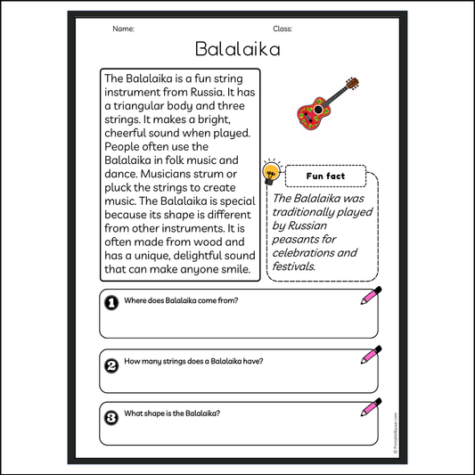 Balalaika | Reading Passage Comprehension Questions Writing Facts Worksheet