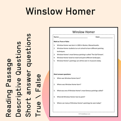 Winslow Homer | Reading Comprehension Passage Printable Activity