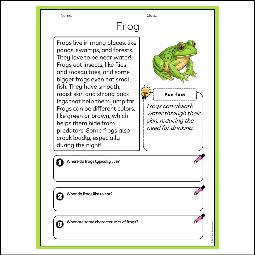 Frog | Reading Passage Comprehension Questions Writing Facts Worksheet
