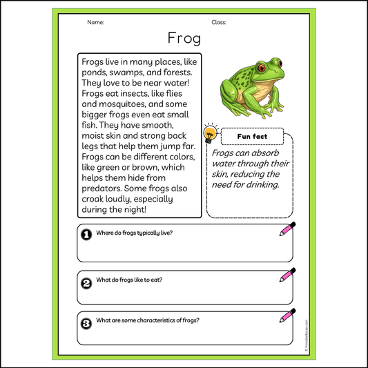 Frog | Reading Passage Comprehension Questions Writing Facts Worksheet