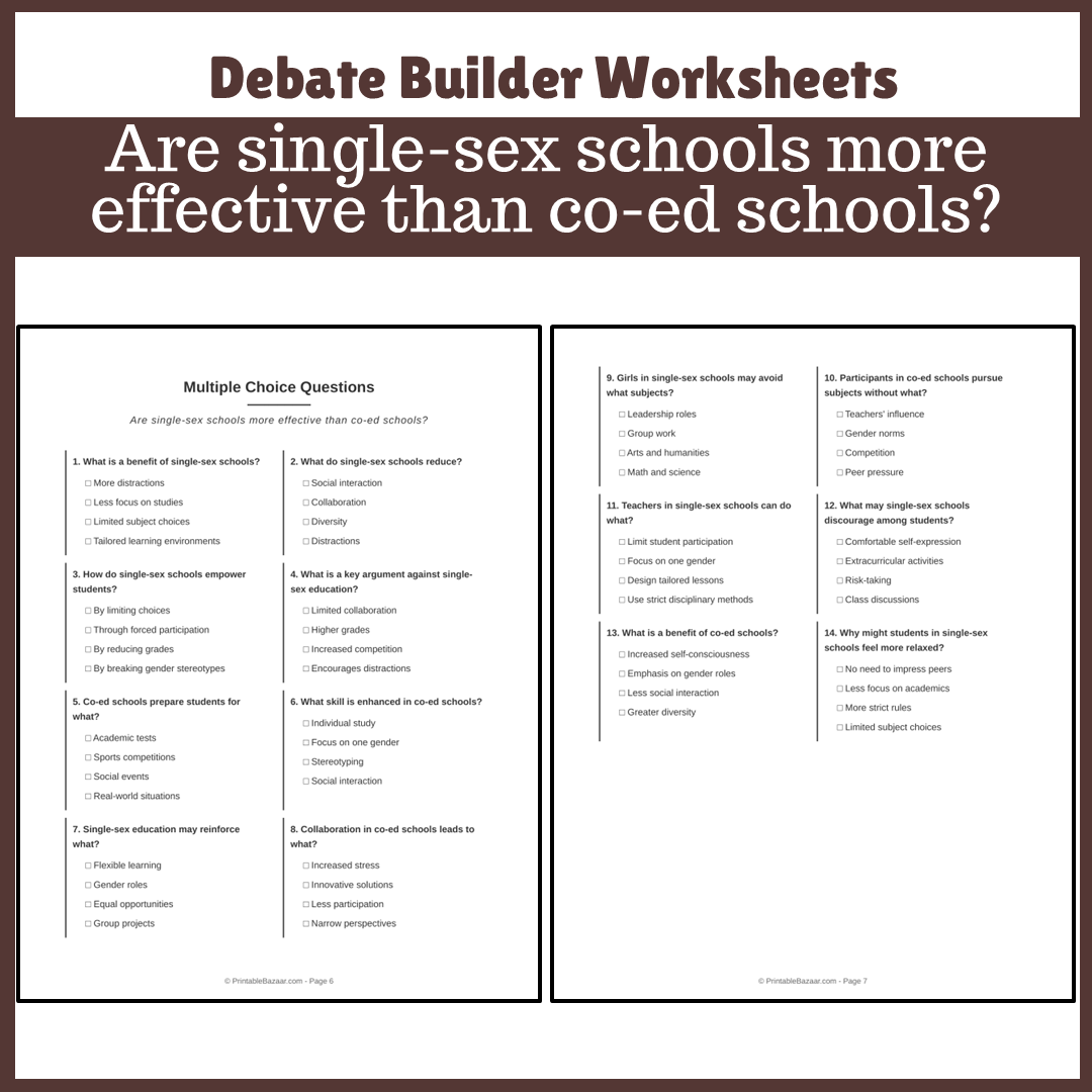 Are single-sex schools more effective than co-ed schools? | Favour and Against Worksheet Printable Activity