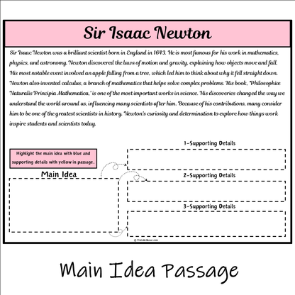 Sir Isaac Newton | Main Idea and Supporting Details Reading Passage and Questions