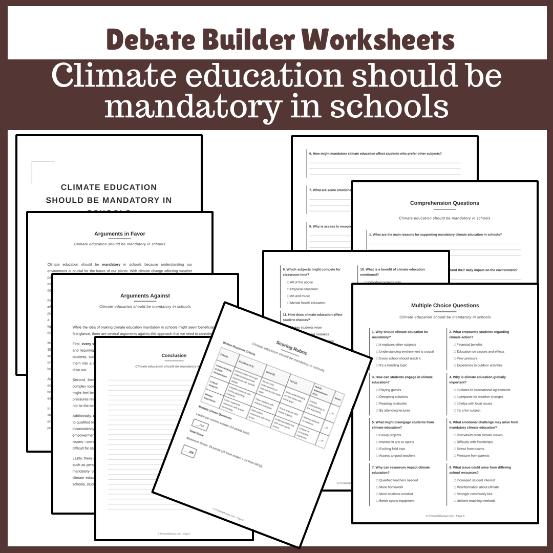 Climate education should be mandatory in schools | Favour and Against Worksheet Printable Activity