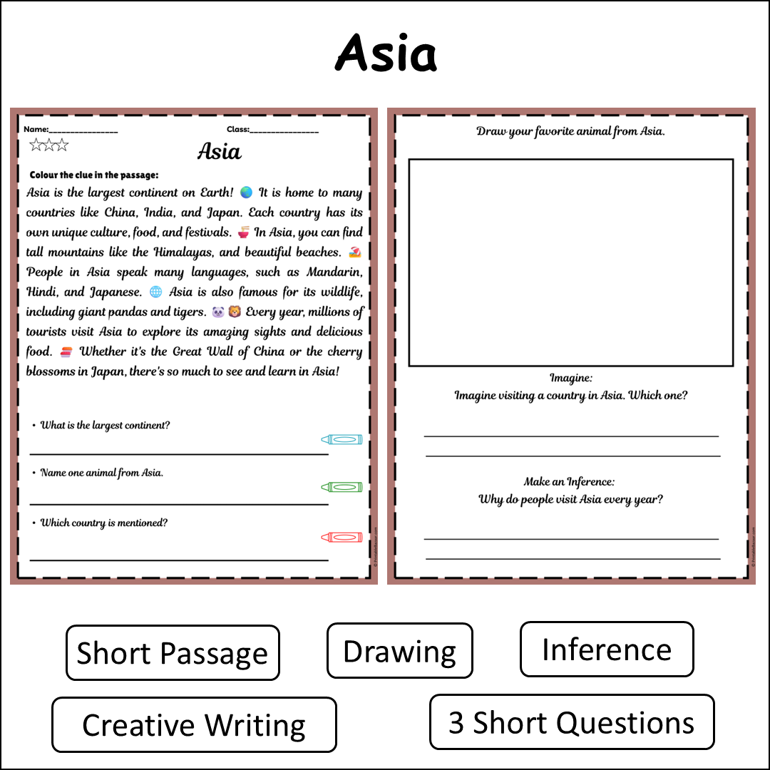 Asia | Short Reading Comprehension Creative Worksheet