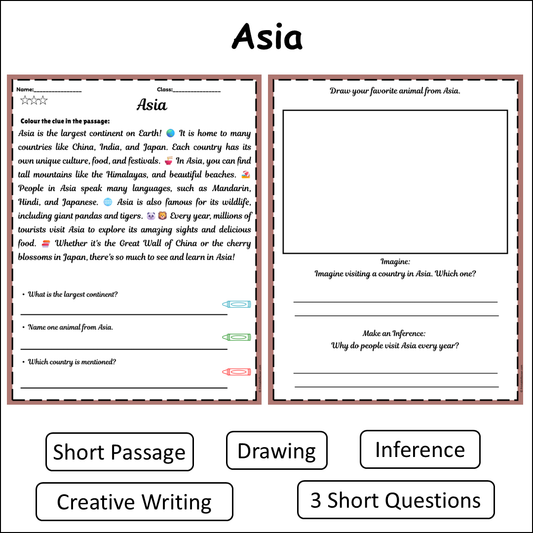 Asia | Short Reading Comprehension Creative Worksheet
