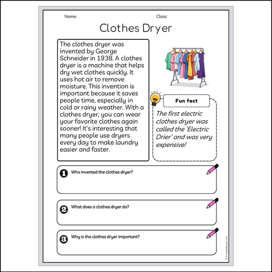 Clothes Dryer | Reading Passage Comprehension Questions Writing Facts Worksheet