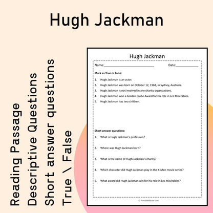 Hugh Jackman | Reading Comprehension Passage Printable Activity