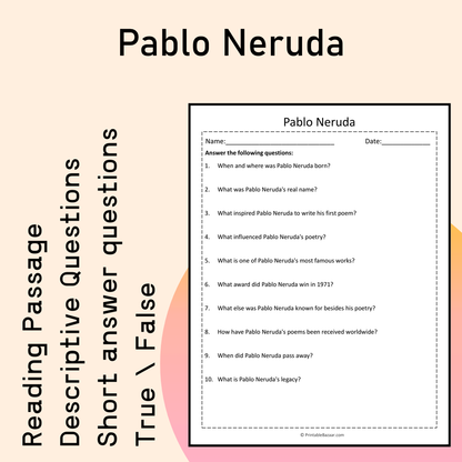 Pablo Neruda | Reading Comprehension Passage Printable Activity