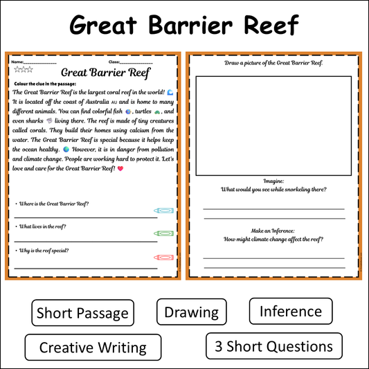 Great Barrier Reef | Short Reading Comprehension Creative Worksheet