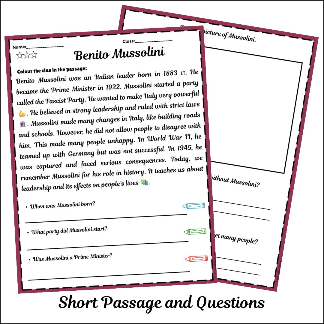 Benito Mussolini | Short Reading Comprehension Creative Worksheet