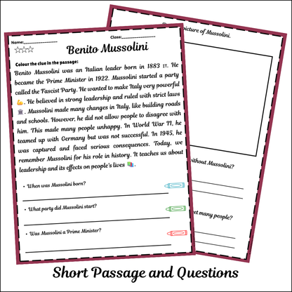 Benito Mussolini | Short Reading Comprehension Creative Worksheet