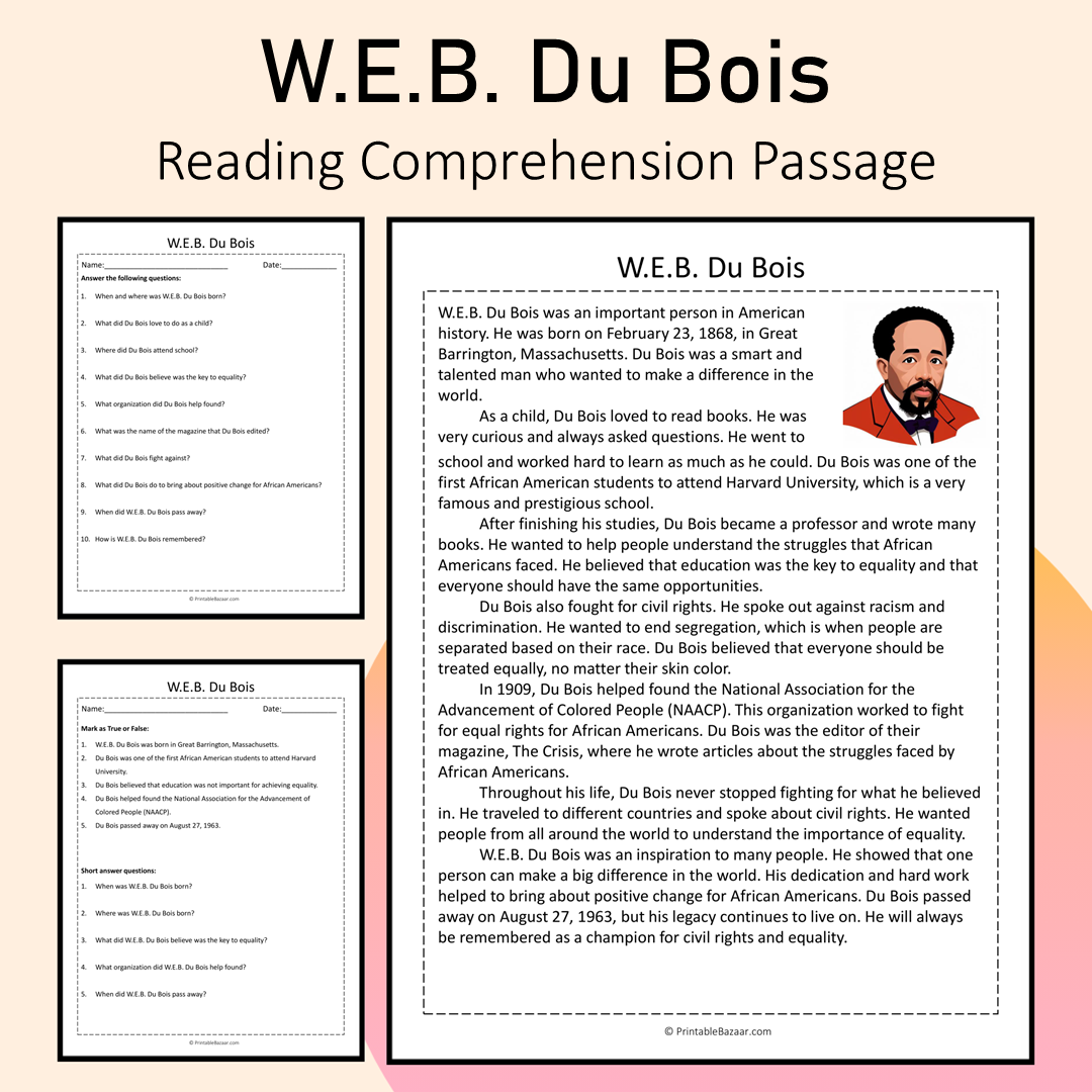 W.E.B. Du Bois | Reading Comprehension Passage Printable Activity