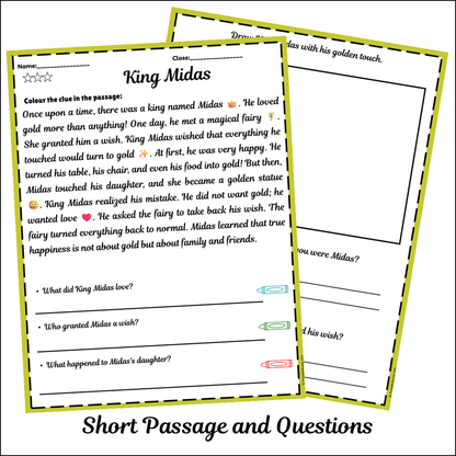 King Midas | Short Reading Comprehension Creative Worksheet