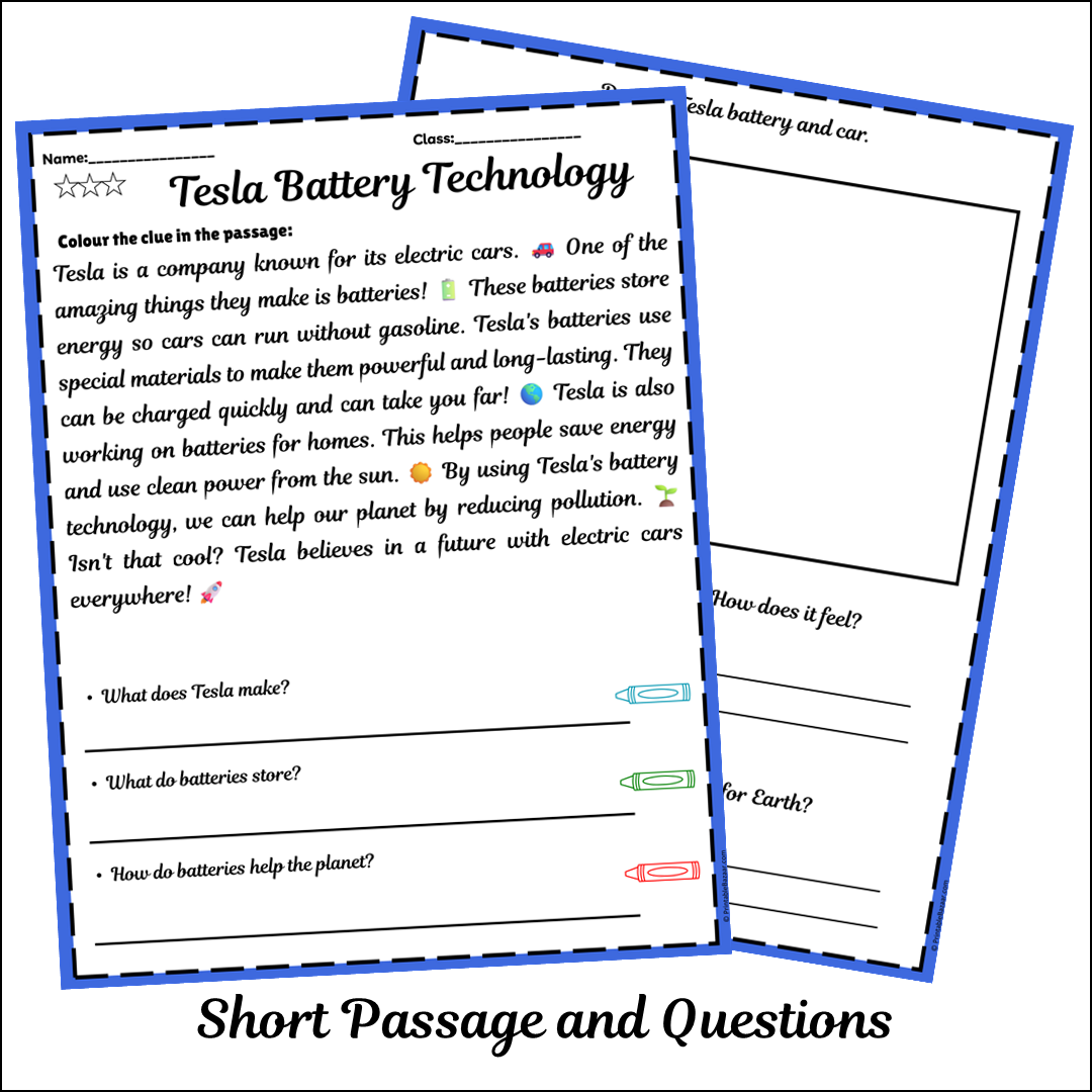 Tesla Battery Technology | Short Reading Comprehension Creative Worksheet