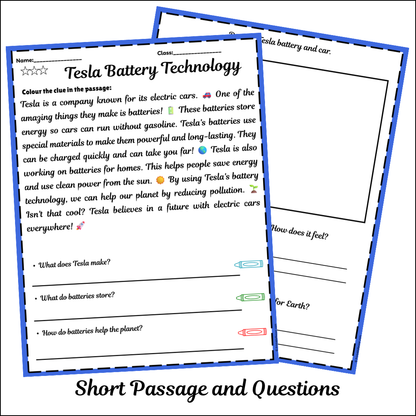 Tesla Battery Technology | Short Reading Comprehension Creative Worksheet