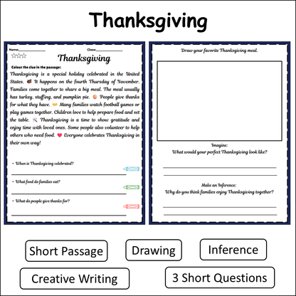 Thanksgiving | Short Reading Comprehension Creative Worksheet