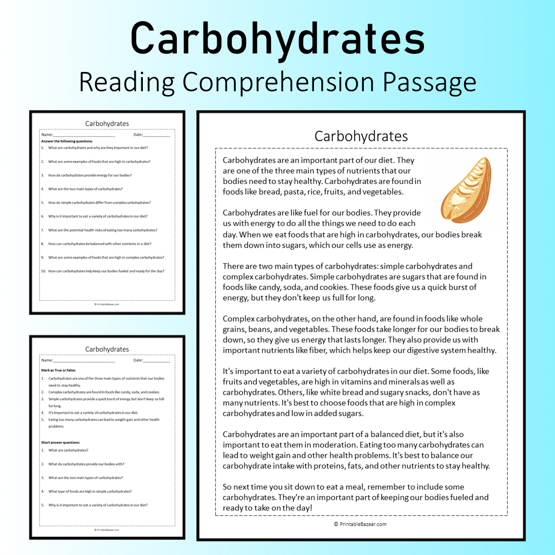 Carbohydrates | Reading Comprehension Passage Printable Worksheet