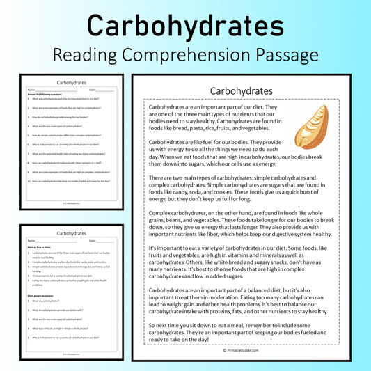Carbohydrates | Reading Comprehension Passage Printable Worksheet