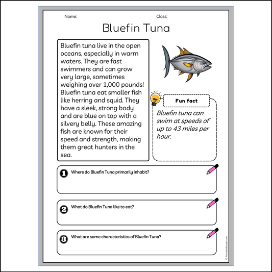 Bluefin Tuna | Reading Passage Comprehension Questions Writing Facts Worksheet