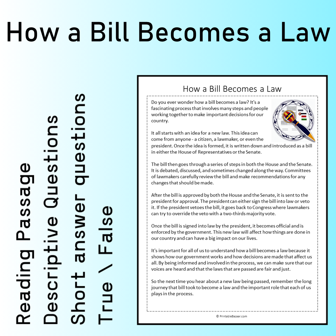 How a Bill Becomes a Law | Reading Comprehension Passage Printable Worksheet