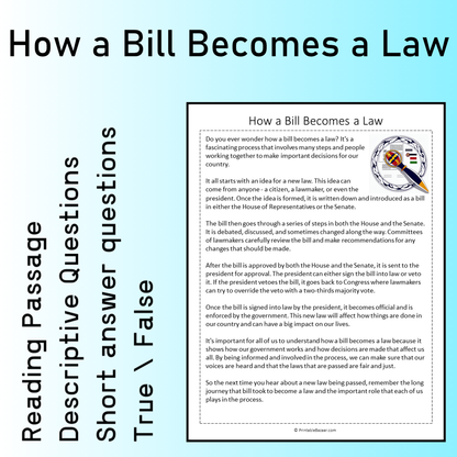 How a Bill Becomes a Law | Reading Comprehension Passage Printable Worksheet