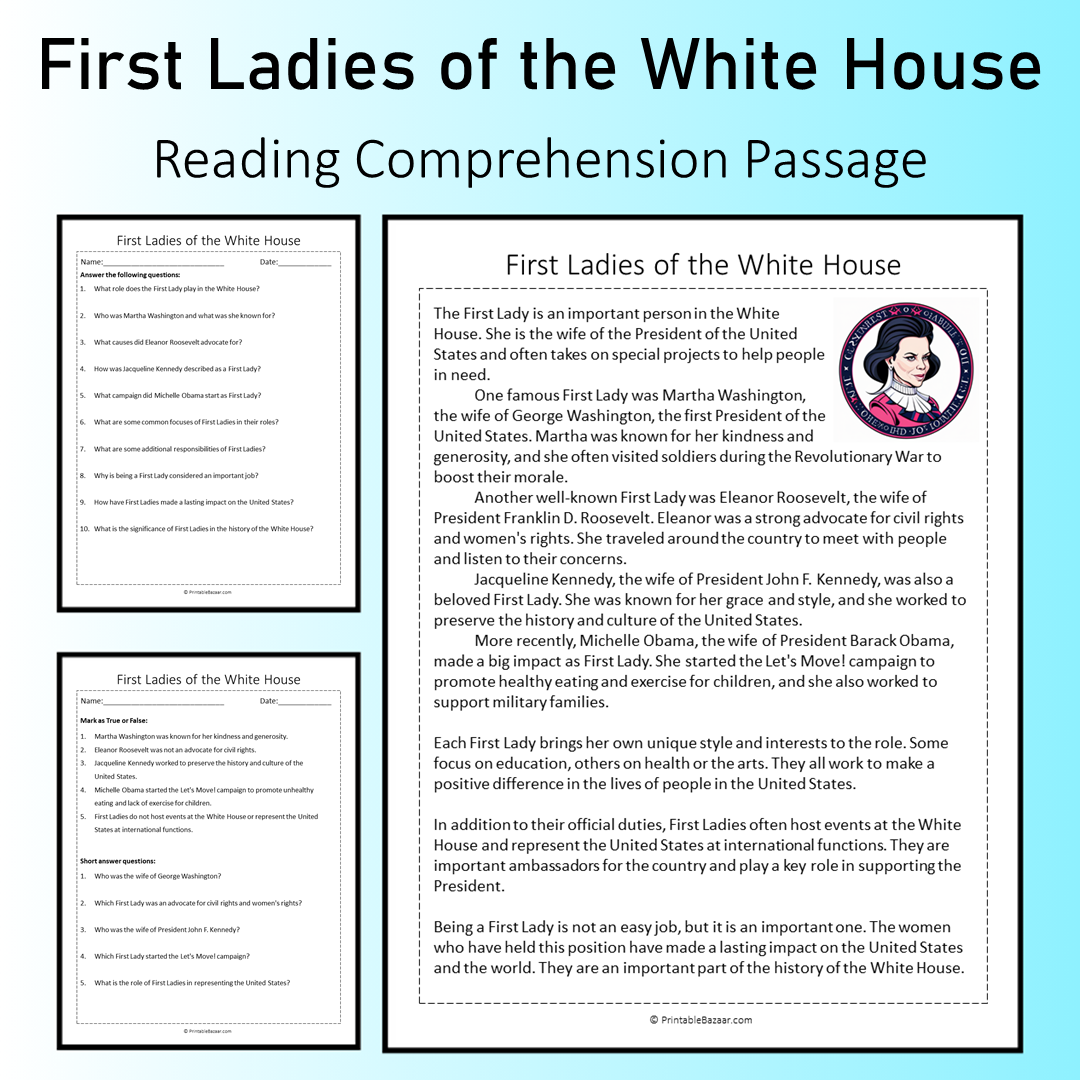 First Ladies of the White House | Reading Comprehension Passage Printable Worksheet