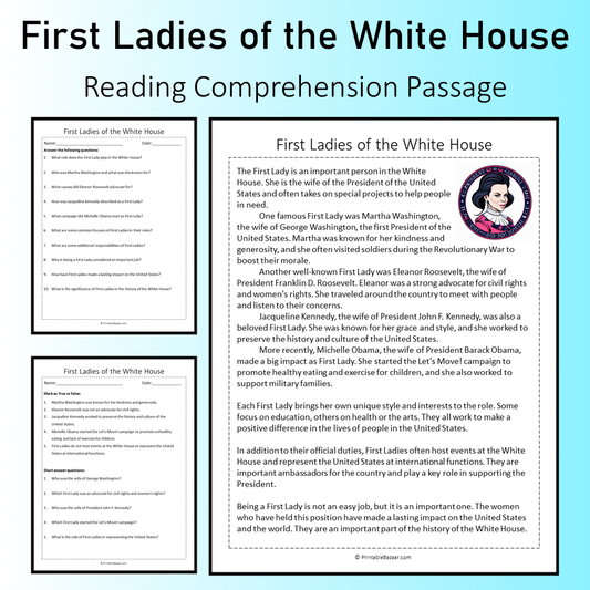 First Ladies of the White House | Reading Comprehension Passage Printable Worksheet