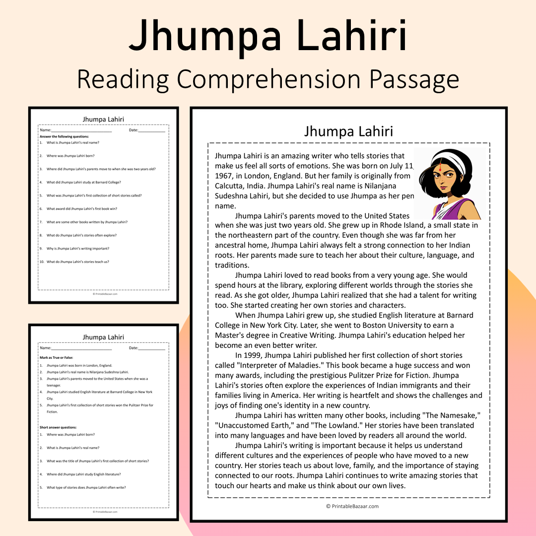 Jhumpa Lahiri | Reading Comprehension Passage Printable Activity