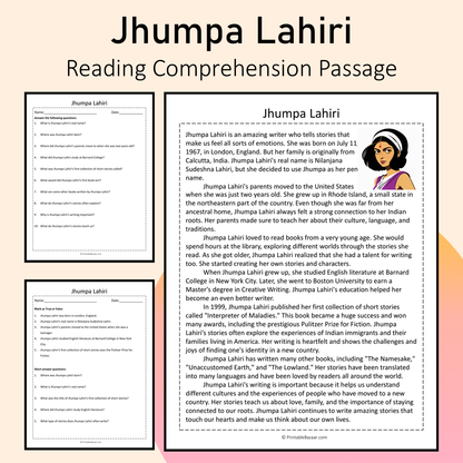 Jhumpa Lahiri | Reading Comprehension Passage Printable Activity