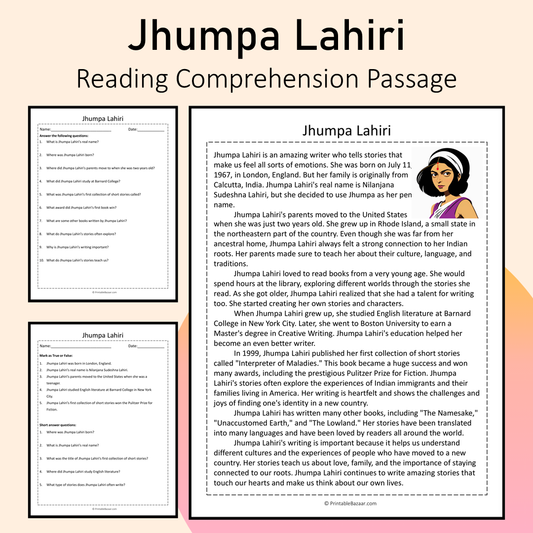 Jhumpa Lahiri | Reading Comprehension Passage Printable Activity