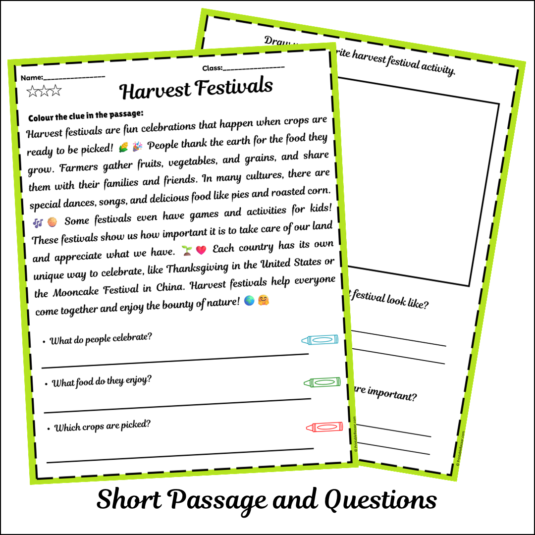 Harvest Festivals | Short Reading Comprehension Creative Worksheet