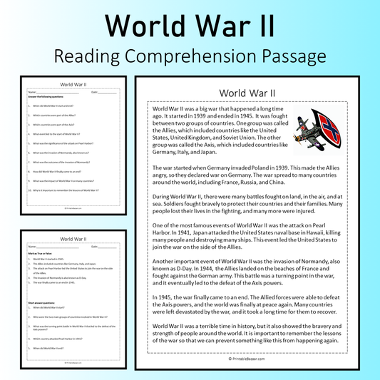 World War II | Reading Comprehension Passage Printable Worksheet