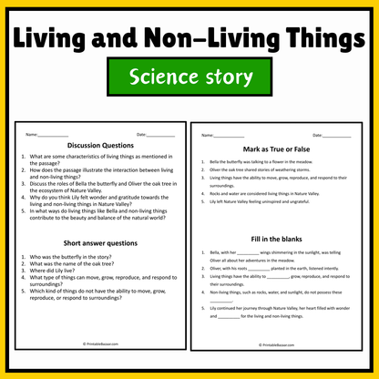 Living and Non-Living Things | Science Story Reading Comprehension Activity