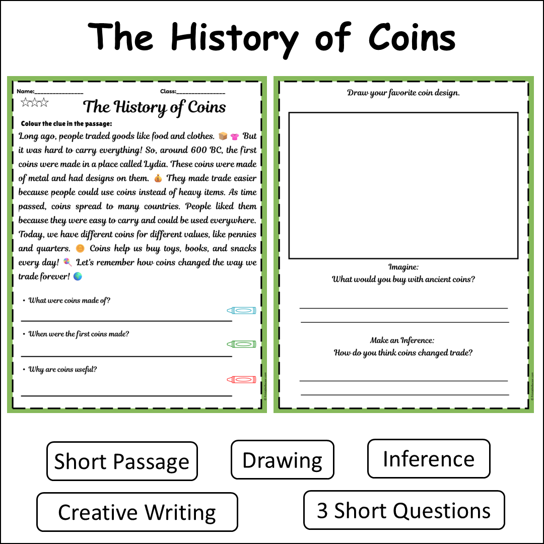 The History of Coins | Short Reading Comprehension Creative Worksheet