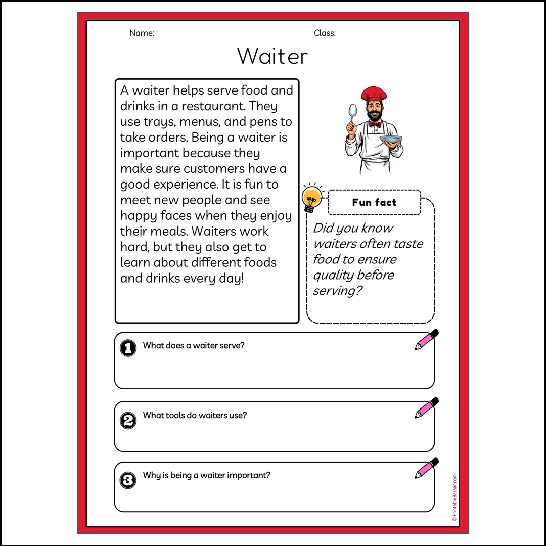 Waiter | Reading Passage Comprehension Questions Writing Facts Worksheet