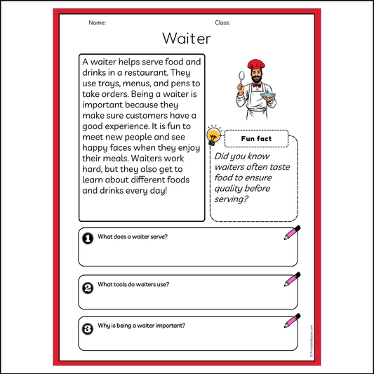 Waiter | Reading Passage Comprehension Questions Writing Facts Worksheet