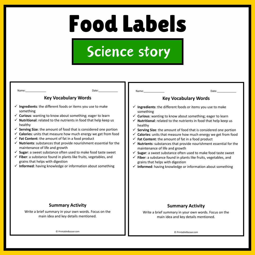 Food Labels | Science Story Reading Comprehension Activity