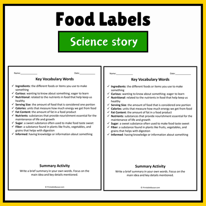 Food Labels | Science Story Reading Comprehension Activity