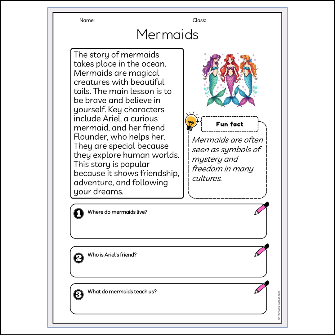 Mermaids | Reading Passage Comprehension Questions Writing Facts Worksheet