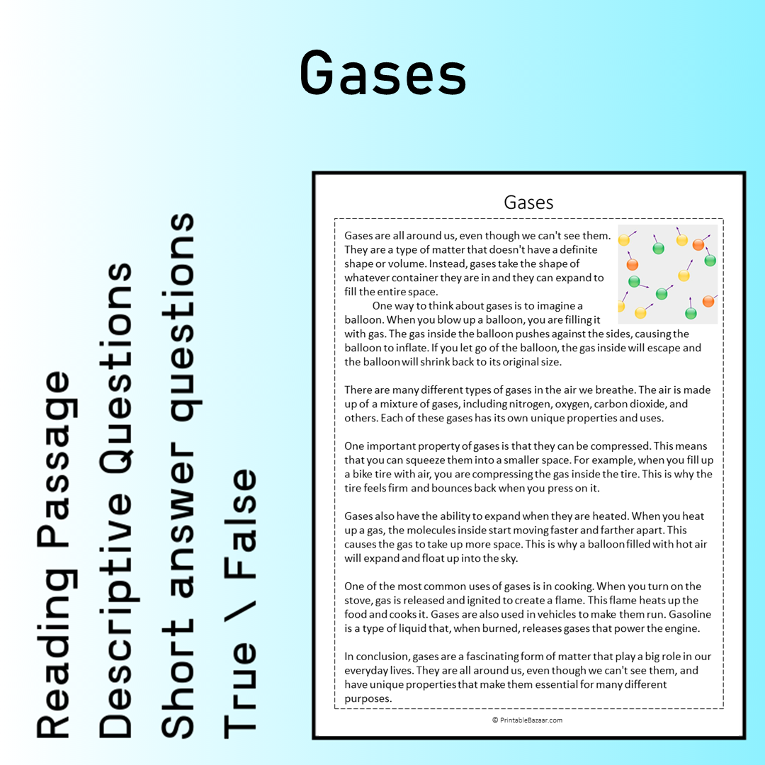 Gases | Reading Comprehension Passage Printable Worksheet