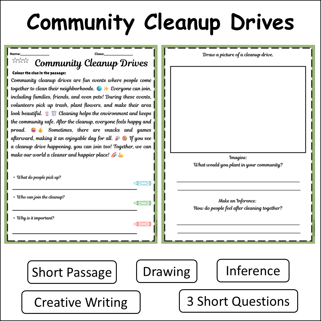 Community Cleanup Drives | Short Reading Comprehension Creative Worksheet