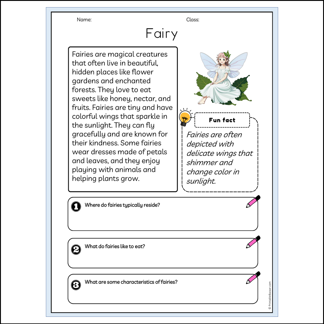 Fairy | Reading Passage Comprehension Questions Writing Facts Worksheet