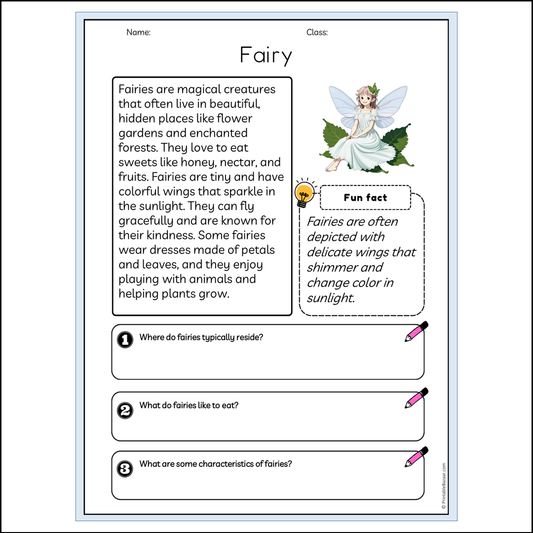 Fairy | Reading Passage Comprehension Questions Writing Facts Worksheet