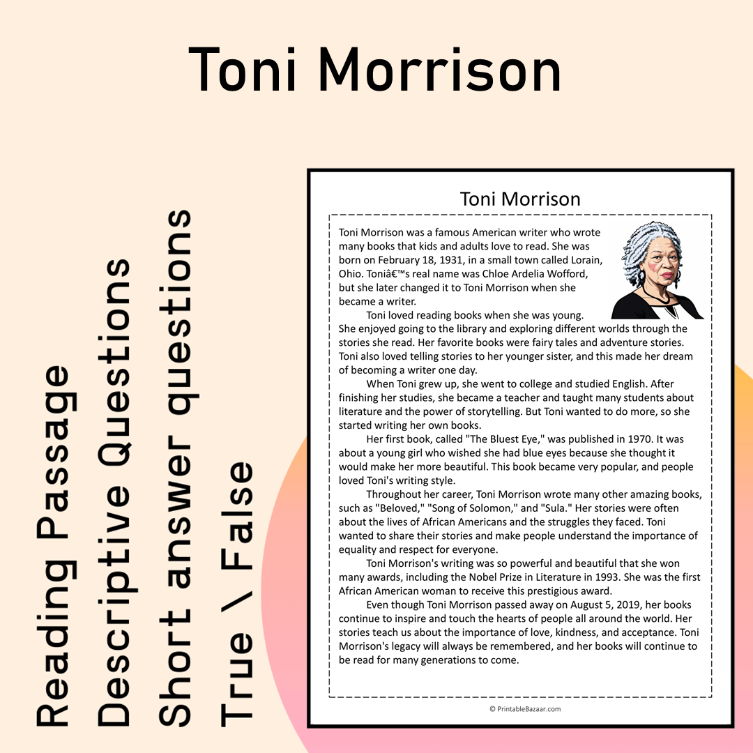 Toni Morrison | Reading Comprehension Passage Printable Activity