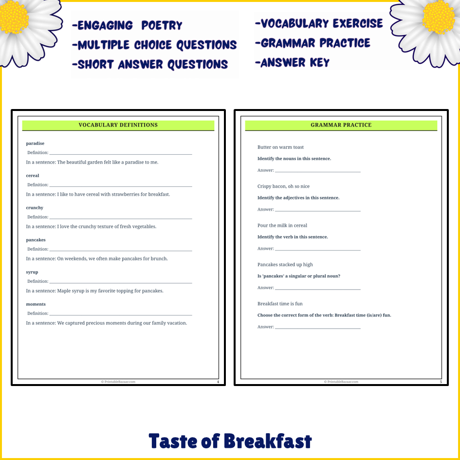 Taste of Breakfast | Poem Grammar Worksheet Printable Activity