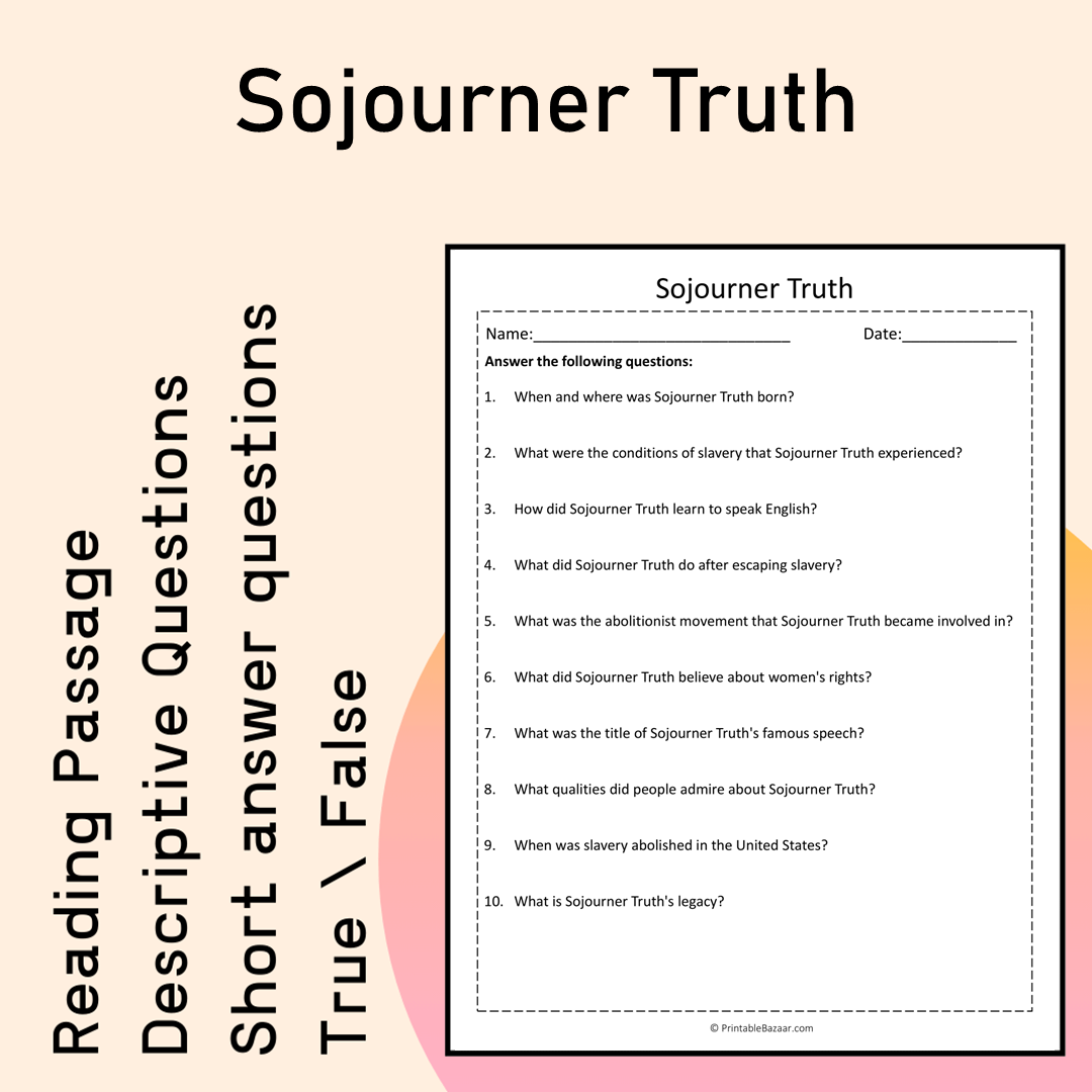Sojourner Truth | Reading Comprehension Passage Printable Activity