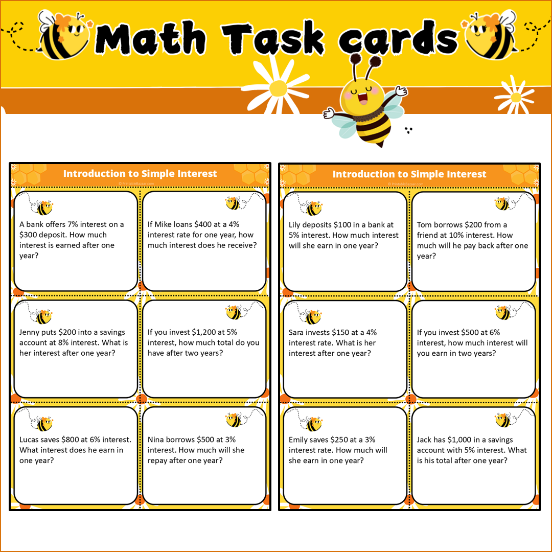 Introduction to Simple Interest | Math Task Cards