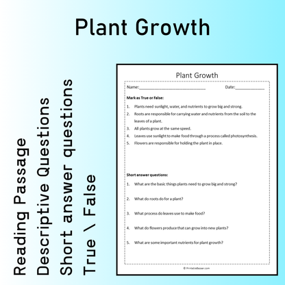 Plant Growth | Reading Comprehension Passage Printable Worksheet