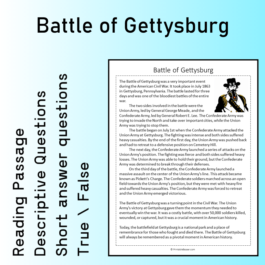 Battle of Gettysburg | Reading Comprehension Passage Printable Worksheet